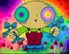 an image of a cartoon character with blue eyes and purple hair holding flowers in front of a rainbow background