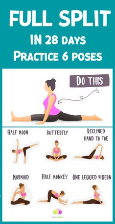 a woman doing yoga poses with the words full split in 28 days practice 6 poses