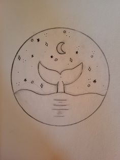 a drawing of a whale's tail in the water with stars and moon above it