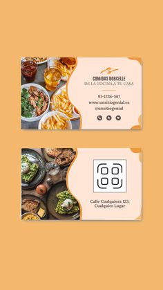 two business cards with food items on them