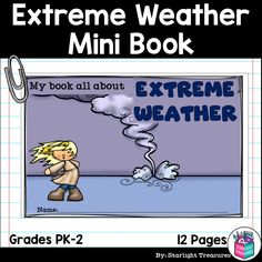 an extreme weather mini book with the title's image below it, and text that reads