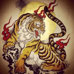 a drawing of a tiger with flames coming out of it's mouth and the moon in the background