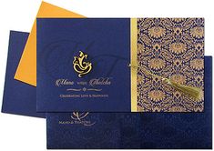 three blue and gold wedding cards, one with a tasseled bow on the front