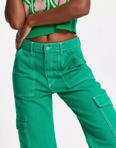 Pull&Bear straight leg cargo pants with contrast stitch in green | ASOS High Waist Green Parachute Pants With Multiple Pockets, Trendy Green Trousers Jeans, Green Utility Parachute Pants, High Waist Green Pants With Multiple Pockets, Green Straight Leg Parachute Pants For Spring, Green High Waist Parachute Pants With Side Pockets, Green Mid-rise Bottoms With Pockets, Trendy Green Straight Parachute Pants, High Rise Utility Cargo Jeans With Contrast Stitching