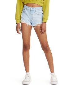 From Levi's®&#x2C; these shorts feature:High-rise5-pocket stylingFrayed hemDistressed detailsFront button/zip fly closure; belt loopsApprox. 2.5" inseamCotton/elastaneMachine wash; dry flatImported. 501 Shorts, Frayed Jeans, Jeans For Short Women, Cut Off Jeans, Levi's 501, Levi Shorts, Levis Women, Shorts Jeans, High Rise Denim