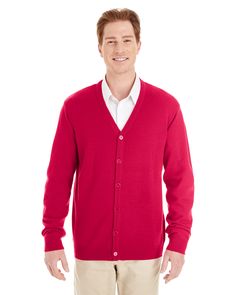 Men's Pilbloc™ V-Neck Button Cardigan Sweater - RED - L | Harriton Men's Pilbloc V-Neck Button Cardigan Sweater in Red Size Large | Acrylic Blend Fleece Cardigan, King Fashion, Blank Apparel, Button Cardigan, Alternative Outfits, Athletic Fashion, Sweater Fashion, Red Sweaters, V Neck Sweater