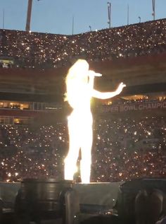 a woman standing on top of a stage in front of a crowd at a concert