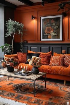 a living room filled with orange couches and lots of pillows on top of it