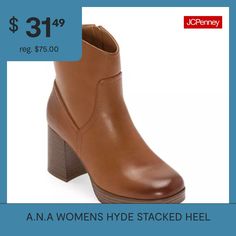 This pair of a.n.a women's Hyde booties is a stylish cold-weather addition to your wardrobe. Made from smooth faux leather, this pull-on pair features intricate stitching, a memory foam insole for your comfort, plus a high stacked heel for a dressier touch. Wear it with anything from jeans to a dress and tights. Features: Memory FoamClosure Type: Elastic, Pull OnFootwear Technology: Memory Foam InsoleBoot Shaft Height: 6 1/4 InchesPlatform Shoe Height: 1 InchShoe Heel Height: 1 3/4 InchesUpper/… Dresses And Tights, Stacked Heel, Block Heels, Bootie Boots, Memory Foam, Heel Height, Tights, Faux Leather, Boots