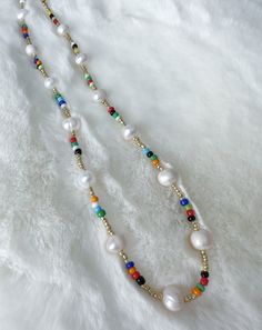 Colorful Freshwater Pearl Beaded Necklace, Beaded Necklace, Pearl Necklace, Pearl Jewelry, Summer Necklace, Beach Jewelry, Summer Jewelry - Etsy Bohemian Pearl Strand Beaded Necklace, Pearl Strand Beaded Necklaces For Beach, White Pearl Beaded Necklaces For Vacation, Vacation Beaded Pearl Necklace, Beach Pearl Beaded Necklaces With Colorful Beads, Handmade Pearl Beaded Necklaces For Beach, Beach Pearl Beaded Necklace With Round Beads, Beach Pearl Beaded Necklace With Pearl Chain, Beach Beaded Pearl Necklace With Pearl Chain