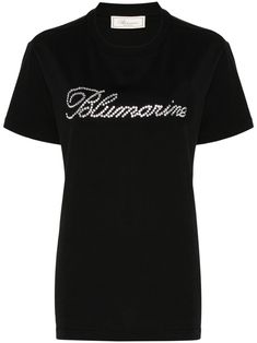 black cotton crew neck short sleeves rhinestone embellished logo to the front straight hem Black Embellished Cotton T-shirt, Black Crew Neck T-shirt With Rhinestones, Embellished Graphic Tee With Short Sleeves, City Dress, Summer Beach Wear, Ballet Flat Shoes, Jersey Shirt, Ski Wear, Jacket Tops