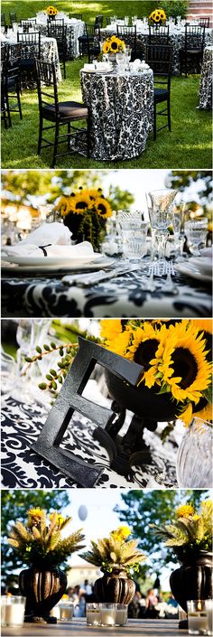 the table is set up with sunflowers and other decorations for an outdoor event