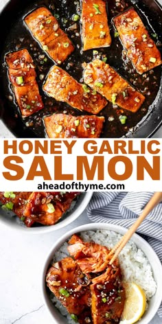 honey garlic salmon in a skillet with rice and lemon wedges