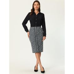 STYLE - Keep your look casual and elegant in summer weather with this tweed skirt from Hobemty, featuring a pencil skirt with tweed fabric, high waist, button decor, and knee length. OUTFIT - Comfortable and classic, pair with a semi-formal shirt and heels for a chic office look. OCCASION - Focused on Ladies' Semi-Formal Wear - This skirt can be a perfect addition to almost any outfit from formal to daily wear, great for work, meetings, office, businesses, work, parties, cocktails, weddings, casual, daily dressing, etc. Wool Tweed Knee-length Dress For Work, Elegant Knee-length Plaid Skirt, Elegant Knee-length Tweed Skirt, Knee-length Tweed Dress With Button Closure, Knee-length Houndstooth Midi Dress, Bodycon Pencil Skirt, Womens Tweed, Semi Formal Wear, Bodycon Midi Skirt