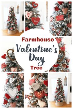 A collage with Farmhouse Valentine's Day tree shots. There is a circle in the center with the words: Farmhouse Valentine's Day Tree on it. Valentines Tree Decor, Valentines Day Tree Ideas, Valentine Christmas Tree, Valentine Decor Ideas