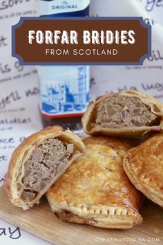 some food on a cutting board with the words forfar bridles from scotland