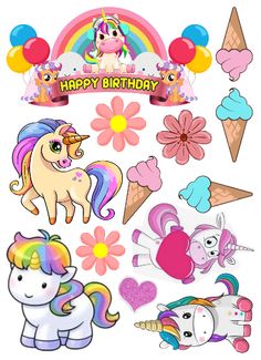 an assortment of stickers with unicorns, flowers and ice cream on the top