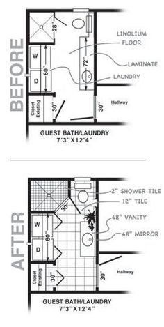 two floor plans showing the bathroom and living room in an apartment, with measurements for each bedroom