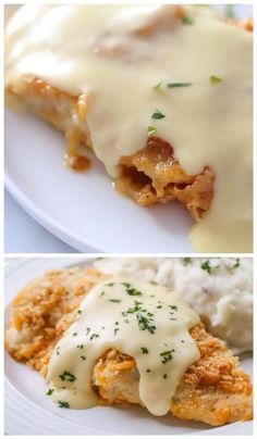 two pictures of chicken parmesan with gravy and mashed potatoes on the side