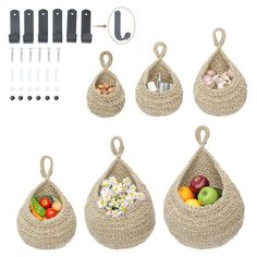 four bags with handles and various fruits in them