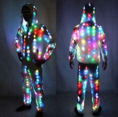 two men in colorful lightsuits standing next to each other