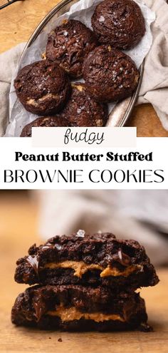 chocolate peanut butter stuffed brownie cookies stacked on top of each other with text overlay