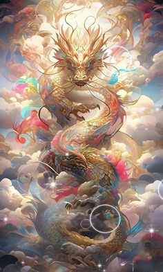 two dragon sitting on top of each other in the sky with clouds and stars around them