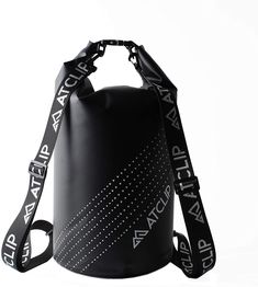 a large black bag with white letters on the side and a strap around it's neck