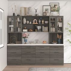 a living room filled with lots of furniture next to a wall mounted shelf full of vases