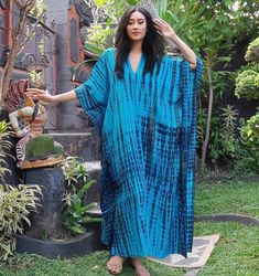 "Boho Kaftan Dress Asym Dress Kaftan Maxi Dress V NeckLine Resort Wear  delicate rayon. USUALLY FITS S M L XL 1X 2X POSSIBLY LARGER. * MEASUREMENTS : Bust: 68'', Hip: 68\", Length : 51'', Armhole: 21'' PLS CHECK SPECS TO BE SURE IT WORKS FOR YOU. * FABRIC: RAYON TIE DYE * MADE IN: BALI, INDONESIA" Blue Batik Print Beach Kimono, Beach Blue Batik Print Kimono, Blue Long Sleeve Dress For Festivals, Long Sleeve Blue Dress For Festivals, Blue Batik Print Maxi Dress For Vacation, Beach Festival Tunic Maxi Dress, Blue Maxi Dress With Batik Print For Vacation, Beach Festival Dress In Free Size, Blue Batik Print Festival Dress