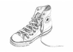 This is a print of my original drawing of a Converse Chuck Taylor All Star sneaker. My pair of white Chucks are one of my favorite pair of shoes, so it was only right to sketch this classic sneaker. Using one of my own Converse sneakers as reference, I drew this using a 005 Micron Pigma pen on Arches cold pressed watercolor paper. I print reproductions of my original drawing here at my home studio. Prints currently come two sizes: 5 x 7 inches (12.7 x 17.8 cm) and 8 x 10 inches (20.3 x 25.4 cm). Converse Drawing, White Chuck Taylors, White Chucks, Original Ink Drawing, Shoes Drawing, White Converse, Ink Drawing Illustration, Shoe Art, Star Sneakers