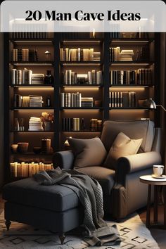 Create a cozy reading nook with a comfortable armchair or chaise lounge. Man Cave Closet, Man Cave Library Study, Man's Home Office, Mans Home Office, Man Cave Library, Whisky Lounge, Cozy Masculine Living Room, Living Room Ideas For Men, Man Cave Chair