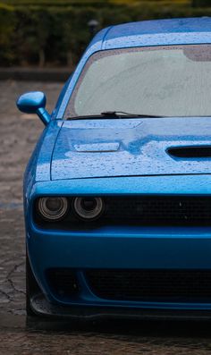 the front end of a blue sports car