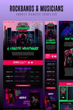 the website design for rockbands and musicians is shown in purple, green and pink colors