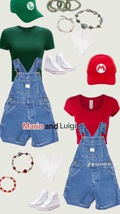 four different outfits and accessories are shown in this image, including a baseball cap, green shirt, blue jean overalls, white tennis shoes, red beanie