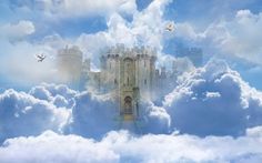 a castle in the clouds with birds flying around