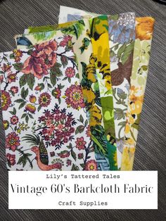 four different fabric samples with the words vintage 60's barkcloth fabric craft supplies