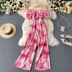 off-shoulder, puffy sleeves, pleated waist, vacation jumpsuit, printed wide-leg pantsMaterial:blendedColor:purple,yellow,blue,pinkStyle:holidayFeatures:puffy sleeve,pleated,printedSize(cm):free 1inch=2.54cmlength:133(pant length:95),sleeve:24,bust:96,waist:60-84&ltp&gtNote:Due to different measurement methods,there will be 1-3 error(unite:cm), please understand.</p>&ltbr/>&ltp&gtPlease check the size carefully when you choose items,thank you.</p>&ltbr/> Fitted Puff Sleeve Jumpsuits And Rompers For Summer, Pink Off-shoulder Fitted Jumpsuits And Rompers, Casual Frocks, Mood Designer Fabrics, Casual College Outfits, Cute Skirt Outfits, Printed Wide Leg Pants, Puffy Sleeves, Cute Skirts