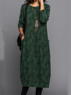 Green Casual Round Neck Solid Printed Long Sleeve Dresses Sukienki Maksi, Maxi Shift Dress, Shift Dresses, Long Sleeve Print Dress, Vestidos Vintage, Crewneck Dress, Elegant Dresses Long, Vestido Casual, Long Sleeve Midi