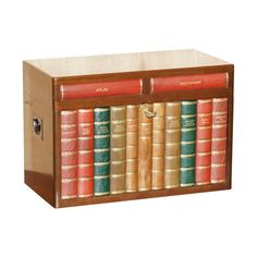 a wooden box filled with lots of books