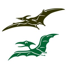 two green and black birds flying next to each other on a white background in three different colors