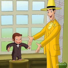 a man in a yellow suit shaking hands with a little boy wearing a black suit