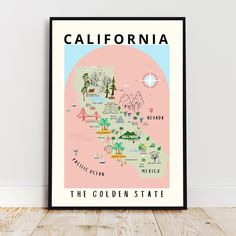 a poster with the state of california on it's map in pink and blue