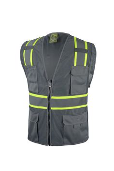 PRICES MAY VARY. Grey Vest Mesh Material 100 % polyester Mesh Safety Vest Zipper Closure, Reflective Tape, Lime Trim 4 Pockets & Pen Pocket on Right ANSI Approved safety Strips Sizes: XS, Small, Medium, large, XL, 2X , 3X, 4X, 5X Grey Vest with Pockets. 100 % polyester . Zipper Closure, Reflective Tape, Lime Trim. This vest has the same features as the SV7 Surveyor with the addition of contrasting trim on stripes. Perfect to wear in daytime conditions. Contrast trim combinations make workers muc Vest Zipper, Vest With Pockets, Pocket Tool, Safety Vest, Grey Vest, Reflective Tape, Contrasting Trim, Grey Tones, Mesh Material