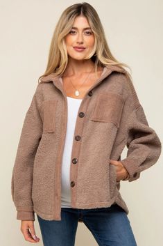 Mocha Colorblock Fleece Maternity Shirt Jacket – PinkBlush Brown Long Sleeve Shacket With Patch Pockets, Cozy Everyday Shacket With Pockets, Cozy Outerwear With Side Pockets And Long Sleeves, Oversized Cozy Shacket With Pockets, Brown Collared Shacket With Buttoned Pockets, Oversized Collared Shacket With Pockets, Collared Shacket For Everyday, Everyday Shacket With Side Pockets And Long Sleeves, Cozy Collared Shacket With Pockets