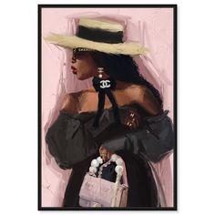 a painting of a woman wearing a hat and holding a handbag in front of her face