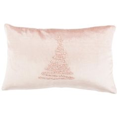 a white pillow with a christmas tree embroidered on the front and side, sitting on a white background