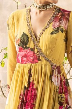 Buy Kalista Yellow Georgette Printed Anarkali And Gharara Set Online | Aza Fashions Printed Anarkali, Anarkali Dress Pattern, Simple Kurta Designs, Frock For Women, Long Dress Design, Cotton Kurti Designs, Indian Gowns Dresses, Dress Design Patterns, Kurti Designs Party Wear