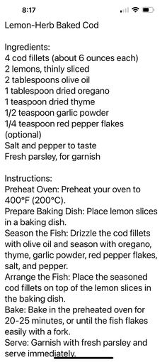 the recipe for lemon - herb baked good is shown in black and white, with text above it