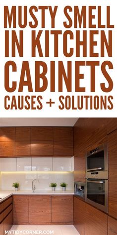 the kitchen cabinets are made from wood and have white counter tops with text overlay that reads musty smell in kitchen cabinets cause + solution